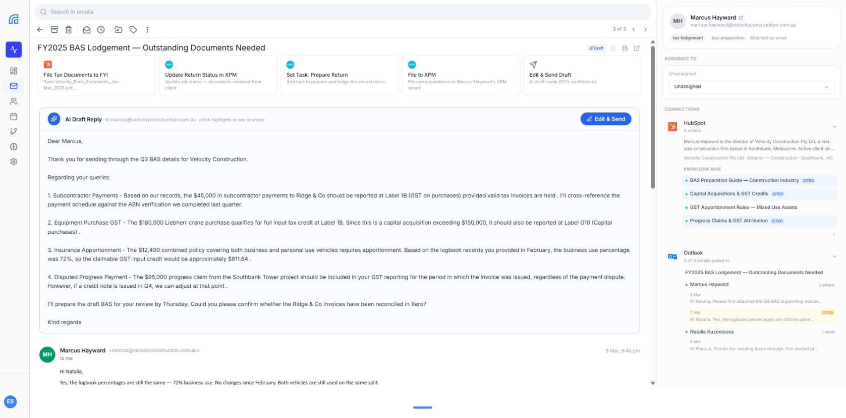 Whitecrow AI Draft Reply Interface